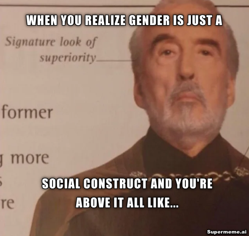 Non binary meme: When you realize gender is just a social construct and you are above it all like..